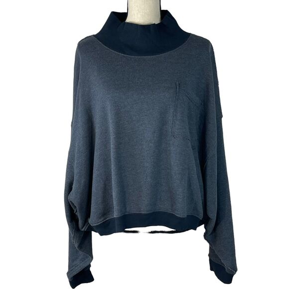 Free People Large Rae Pullover Sweatshirt Mock Neck Stretch Dolman Sleeves Blue - Picture 1 of 9